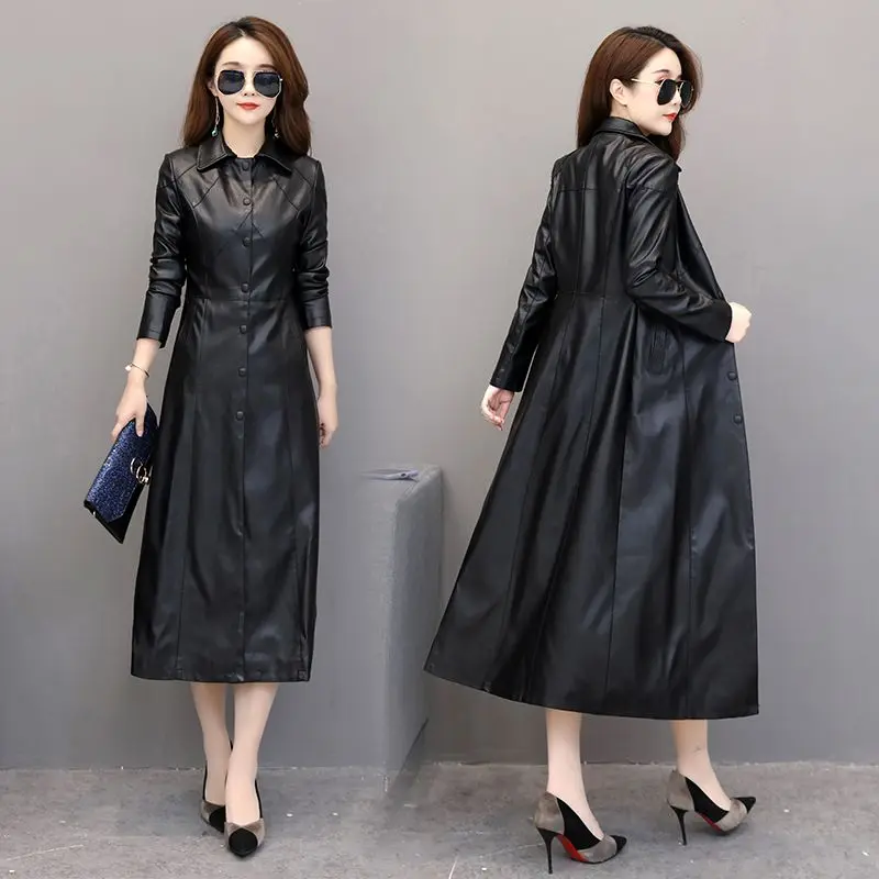 Spring autumn long black leather coat women long sleeve buttons slim fit Elegant leather jacket women 2023