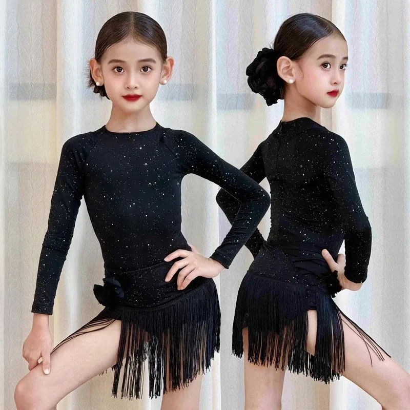 Vestido profesional de baile latino ostentoso para niños, vestido de baile latino con flecos, ropa de baile profesional Samba Chacha