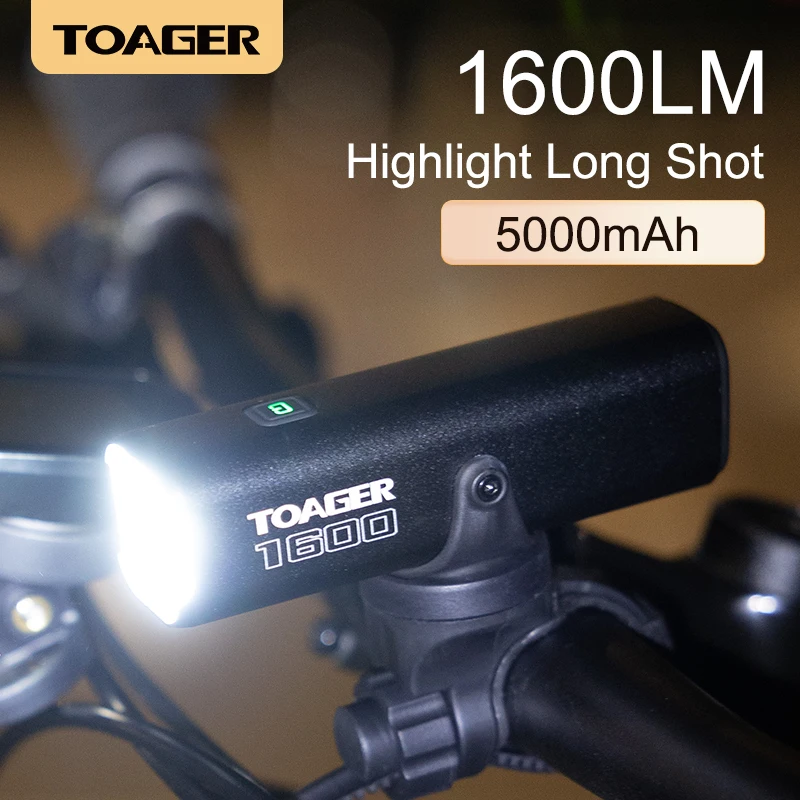 TOAGER Bicycle Light 1600Lumen Front Lamp 5000mAh Waterproof Type-C Rechargeable Power Bank Bicycle Headlight MTB Road Bike