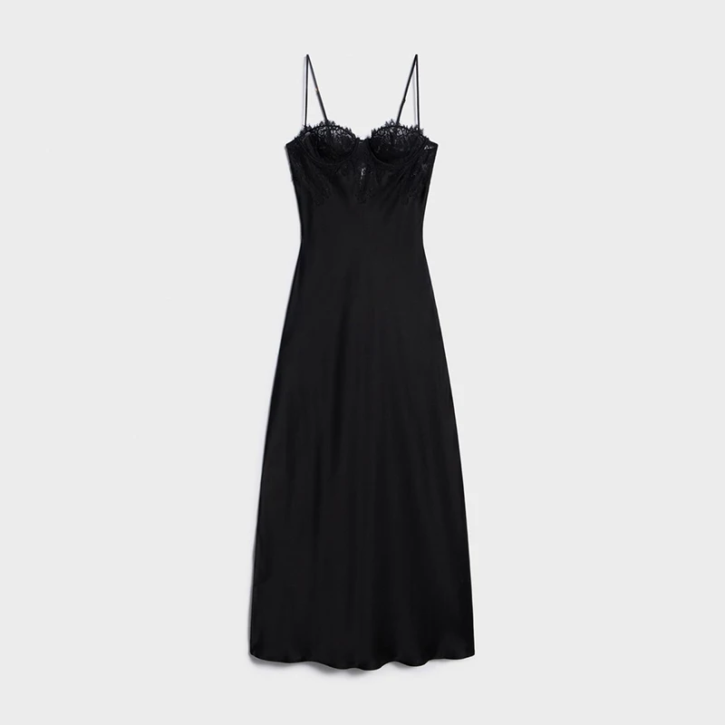 2026 Sommer Herbst Sexy Spitzen-Patchwork Damen Langes Kleid Mode Trägerkleid mit Schräghals Hüftbetontes Kleid für den Urlaub – Detail 2