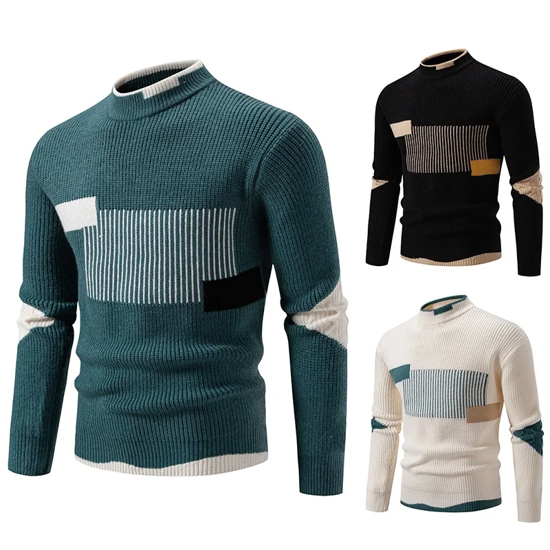 Men's Mock Neck Sweater Geometric Color Block Knitted Pullover Long Sleeve Slim Autumn Winter Warm Casual Knitwear Male Jumper