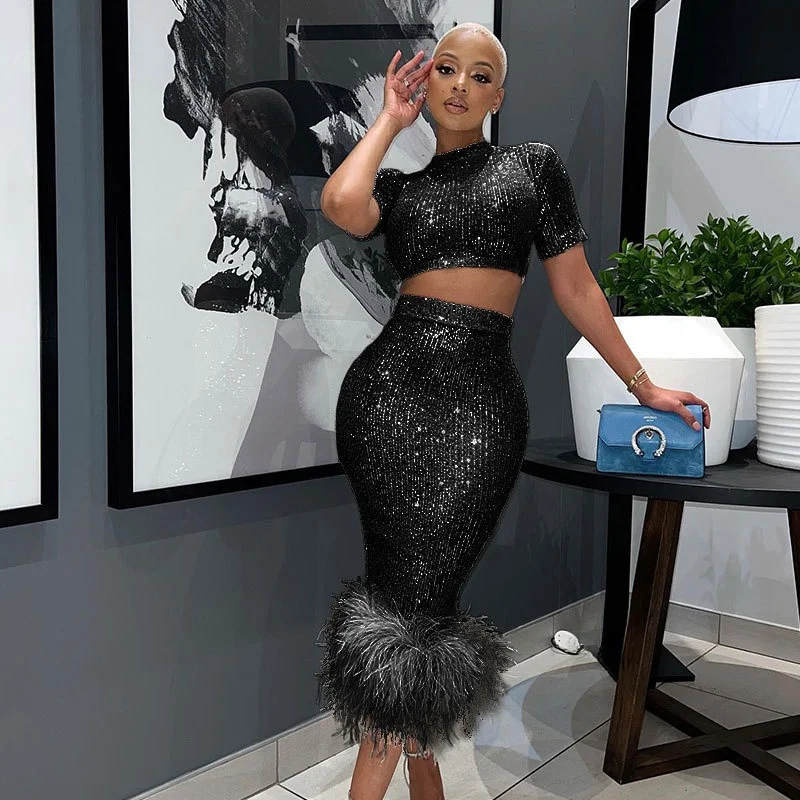 

Sexy Sequin ort Sve Bodycon Dr Feather Evening Gown Faionable Bright Sparkle Women's Clothing Polyester Fabric