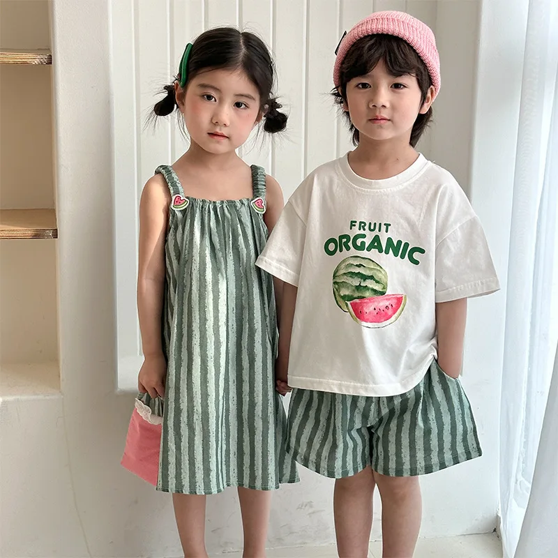 

Children's Summer Clothes Set Boys' Pure Cotton Striped Tee and Shorts 2pcs Suit Cute Girls Suspenders Dress Siblings' Outfit