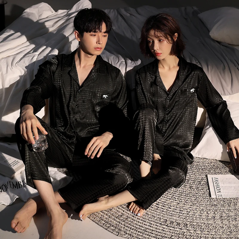 Newest Spring And Autumn Couple Pajamas Set Long Sleeve Turn-down Collar Silk Pijama Female Pyjamas