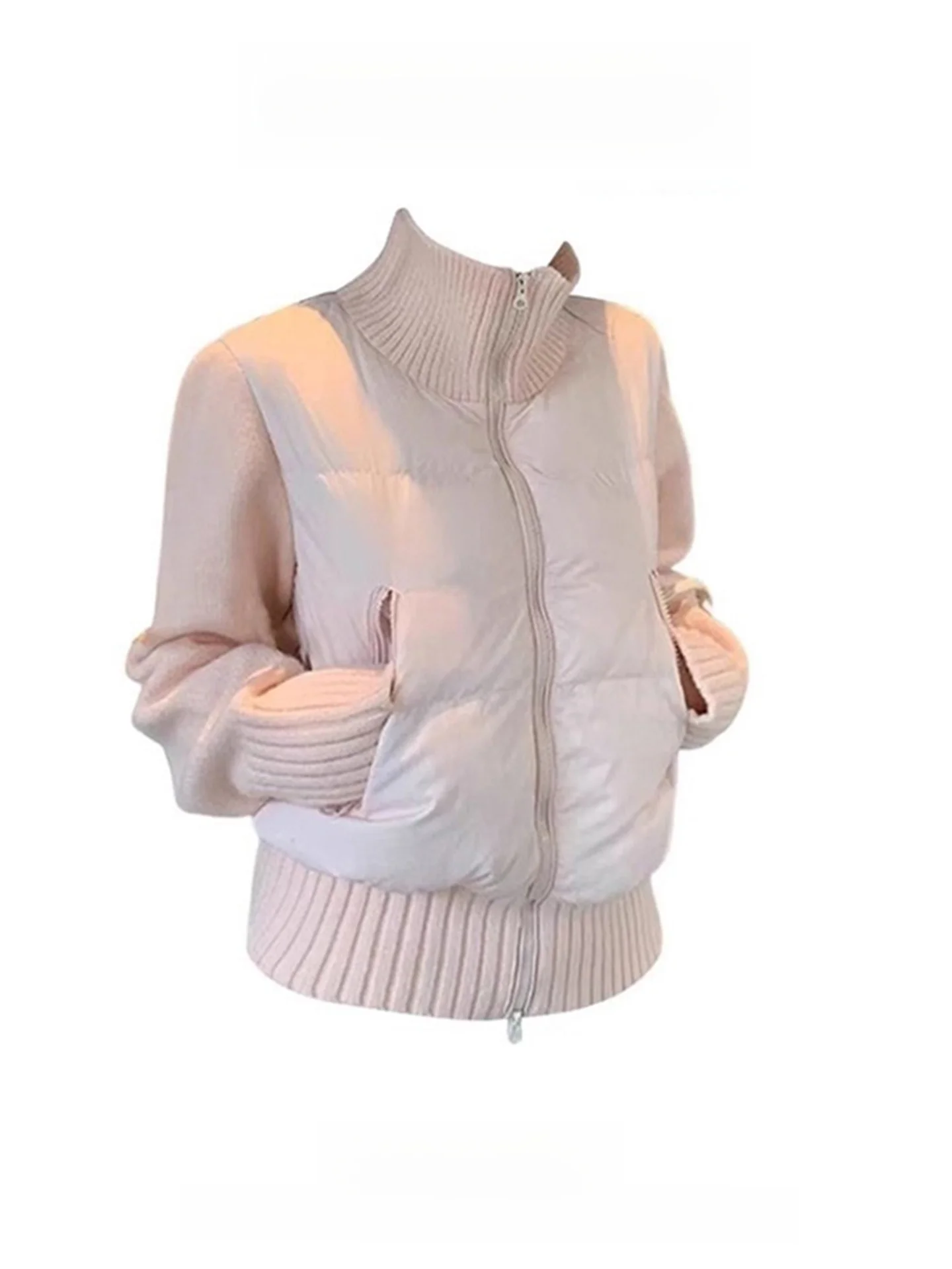 

Warm Knitted ort Cotton Jaet Women's Winter Faion Small Size Pink Splicing Cute Sle Thiened Long Sve Zipper Closure