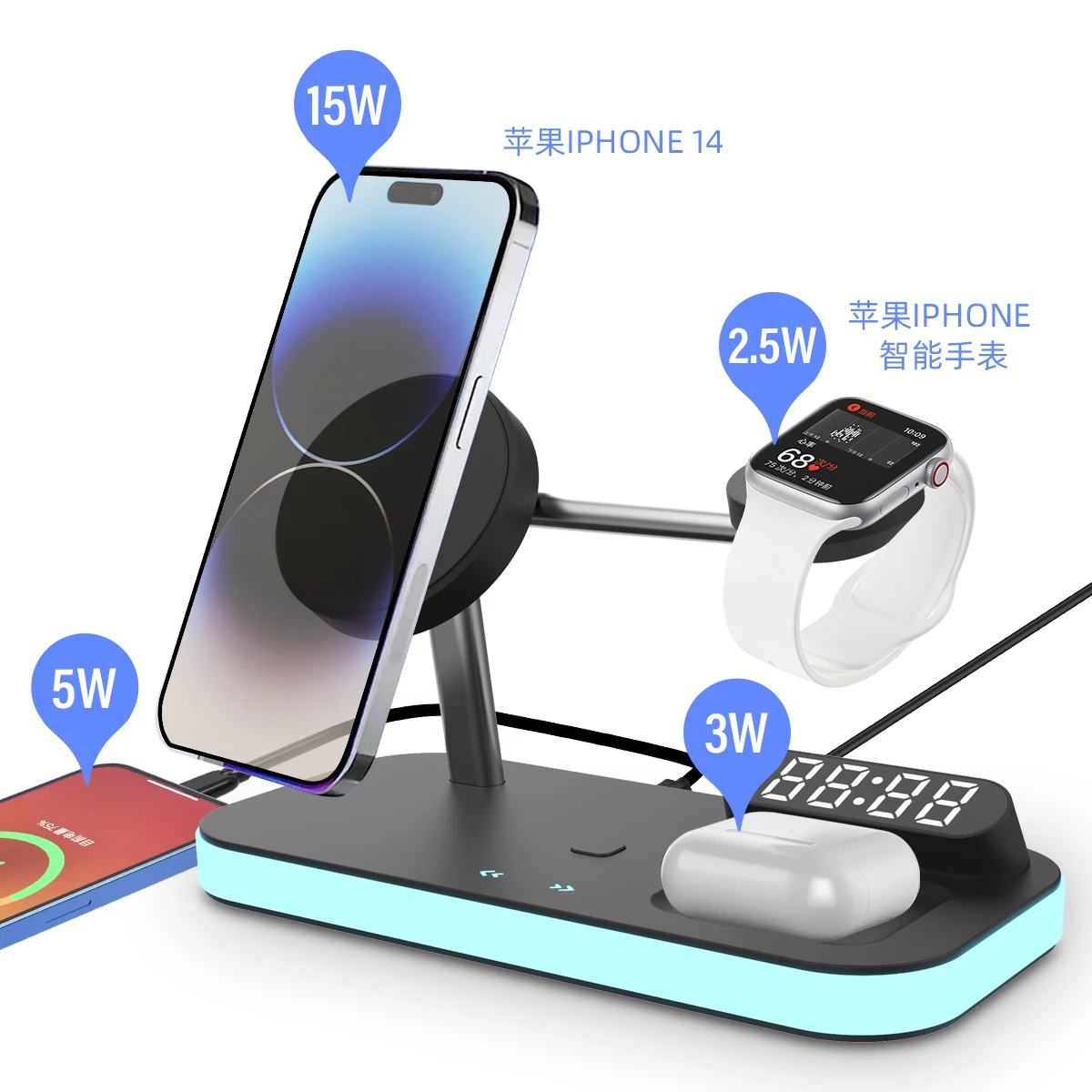 2024 Hot Selling Product Multifunctional 15W Wireless Charging Station 6 in 1 Wireless Charger With Night Light For Iphone