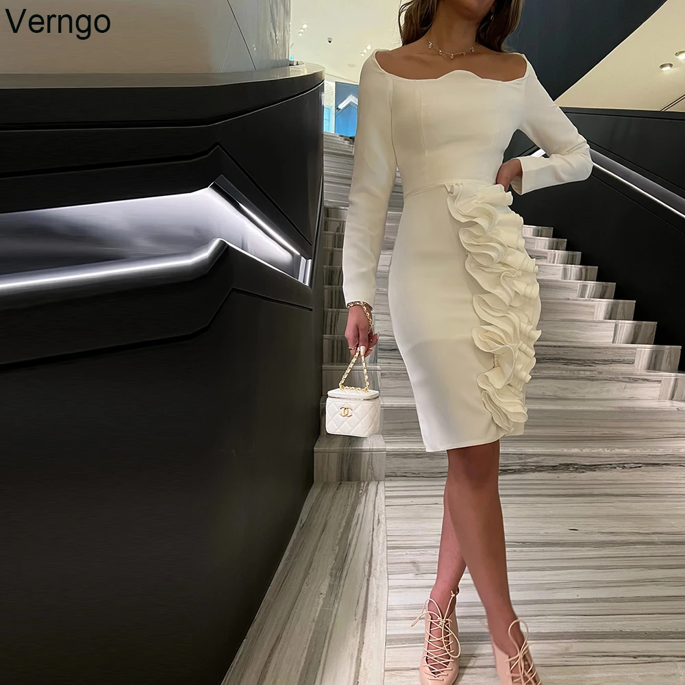 

Verngo Mermaid Short Evening Party Dress Long Sleeve Saudi Arabia Satin Ruffles Prom Gown Formal Occasion Dress Vestido De Novia