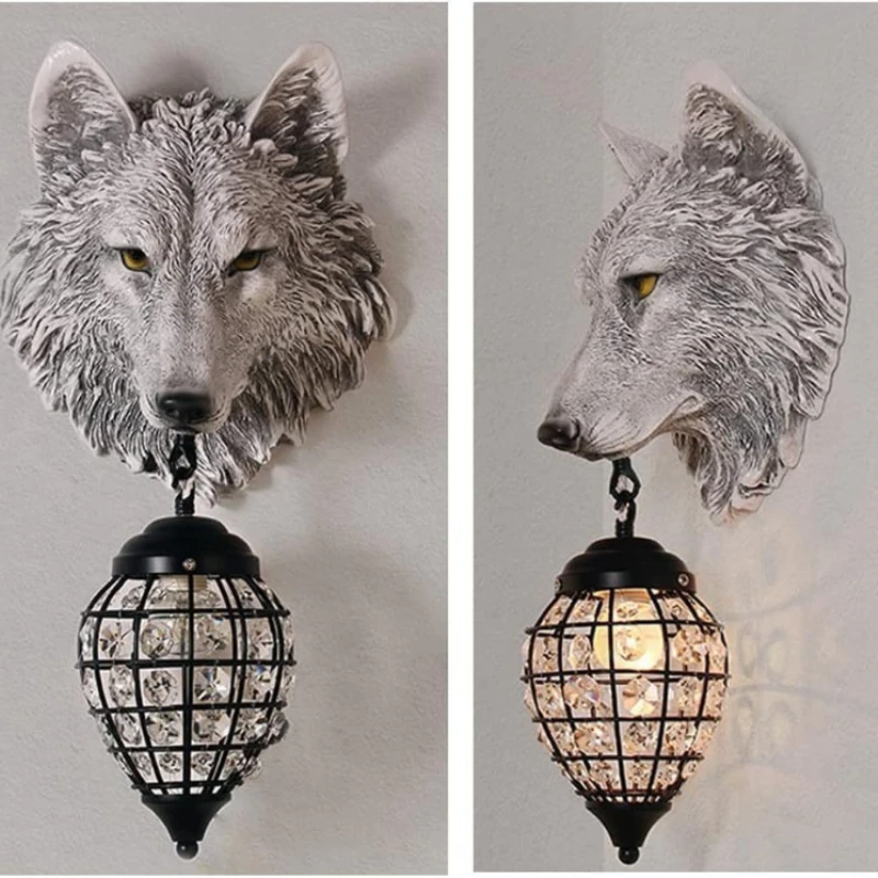 

American Retro Resin Wolf Decorative Wall Lamp Led Crystal Wall Sconce Light for Living Room Bedroom Loft Home Decor Luminaire