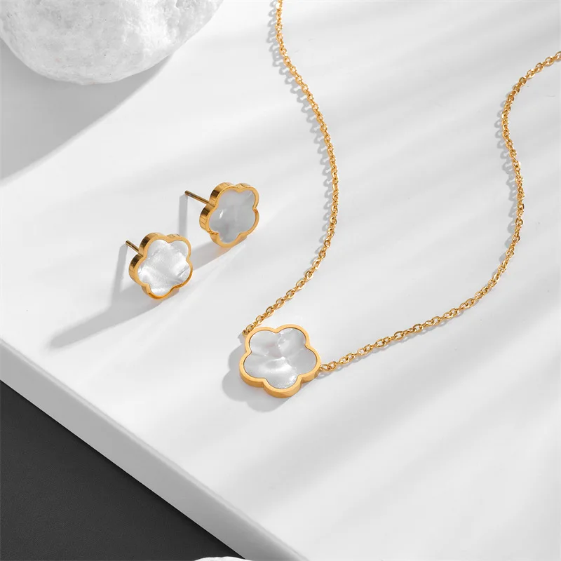 Lucky Plum Blossom Titanium Steel Necklace/Earrings with Shell 18K Gold Plated Waterproof Hypoallergenic Jewelry for Women Gift