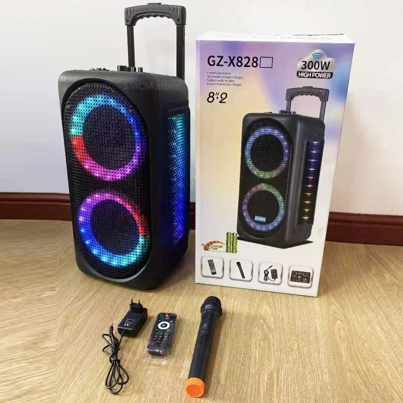 Dual 8 Inch 6000W Outdoor Lever Trolley Audio Karaoke Partybox RGB Bluetooth Speaker EQ Colorful LED Light Ring with Mic Remote