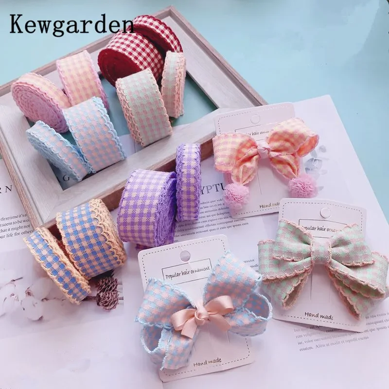 Kewgarden Plaid Overlock Edge Ribbon 32mm 12mm DIY Hair Bow Accessories Handmade Sewing Crafts Tape Gift Packing 5 Meters