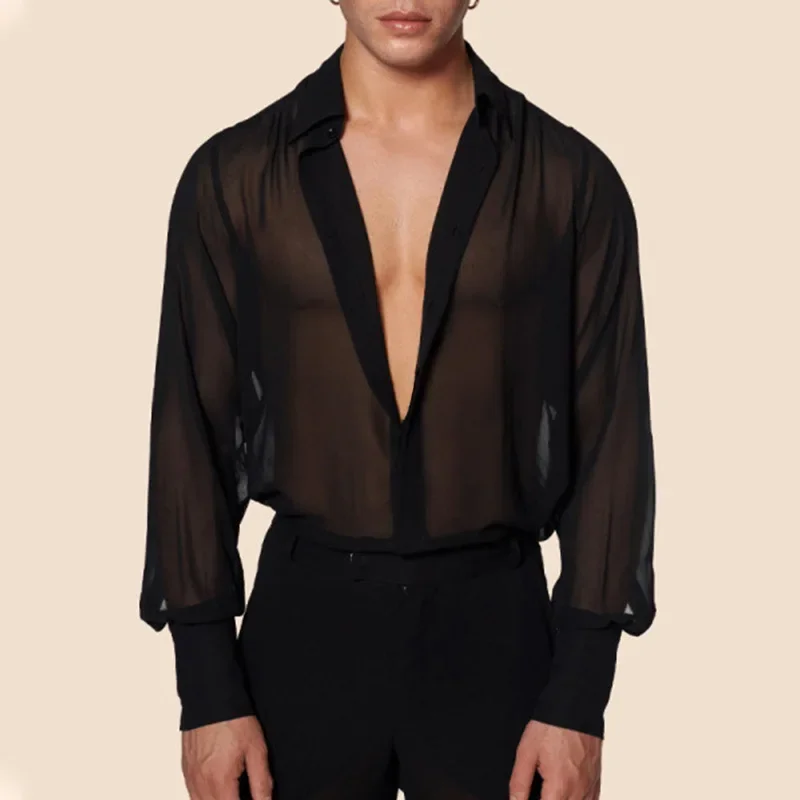 

Men's Clothing Mesh See Through Mesh Sexy Long Sleeve Shirt Solid Color Button-down Vintage Streetwear Retro Party Tops 2026