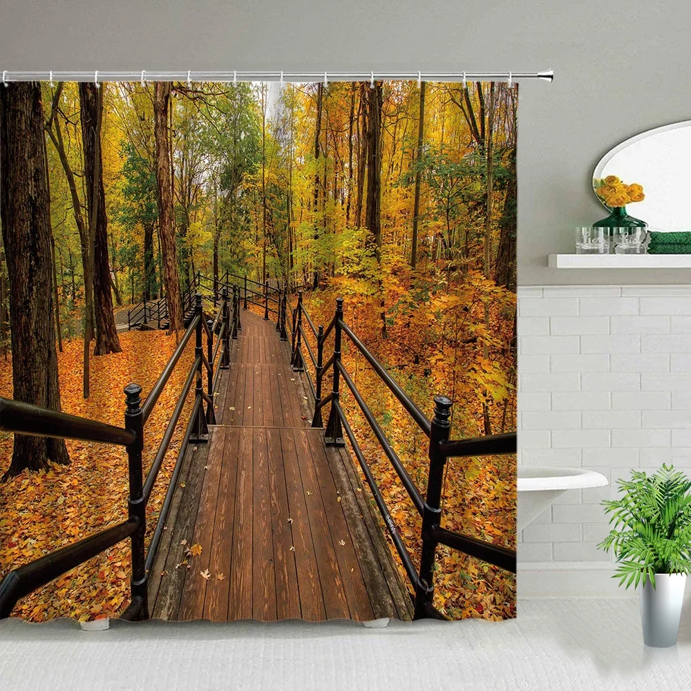 Birch Tree Forest Scenery Shower Curtain Flower Waterfall Wooden Bridge Landscape Waterproof Fabric Bathroom Curtains With Hooks