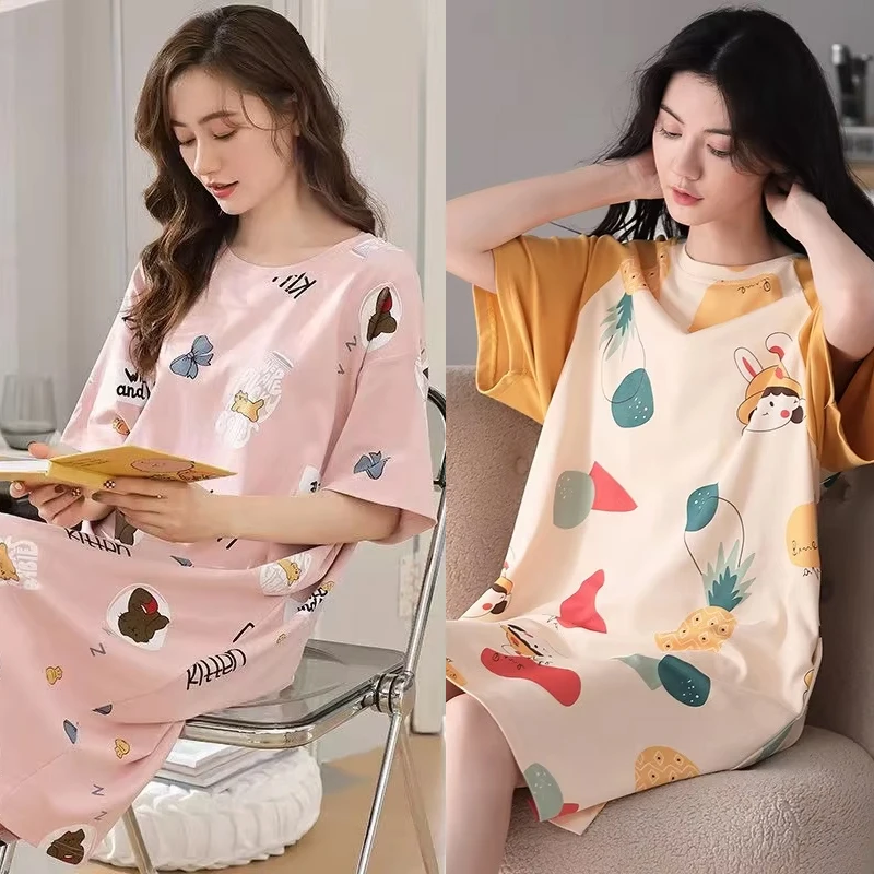

Women’s Nightwear Nightdress Summer Student Pajamas Cute Short Sleeve Sleepwear Cartoon Mid Skirt Fashion Casual Loungewear