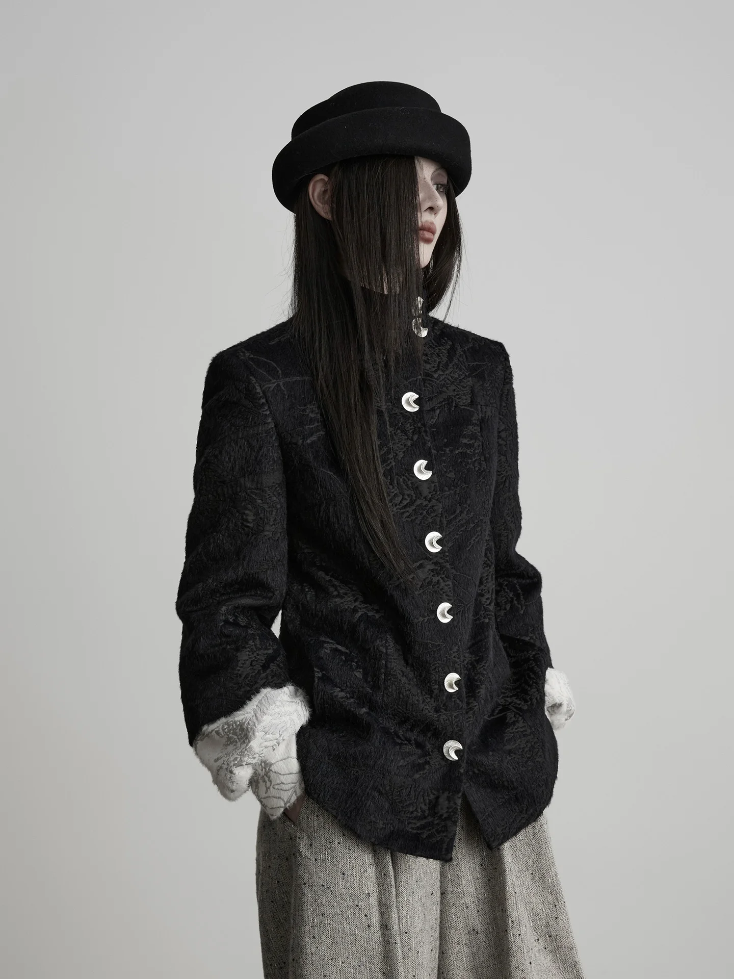 

Elegant Women's Long Sleeve Jacket with Moon Tooth Buttons Stand Collar Fake Two-Piece Standard Fit Outerwear in Nylon Polyes...