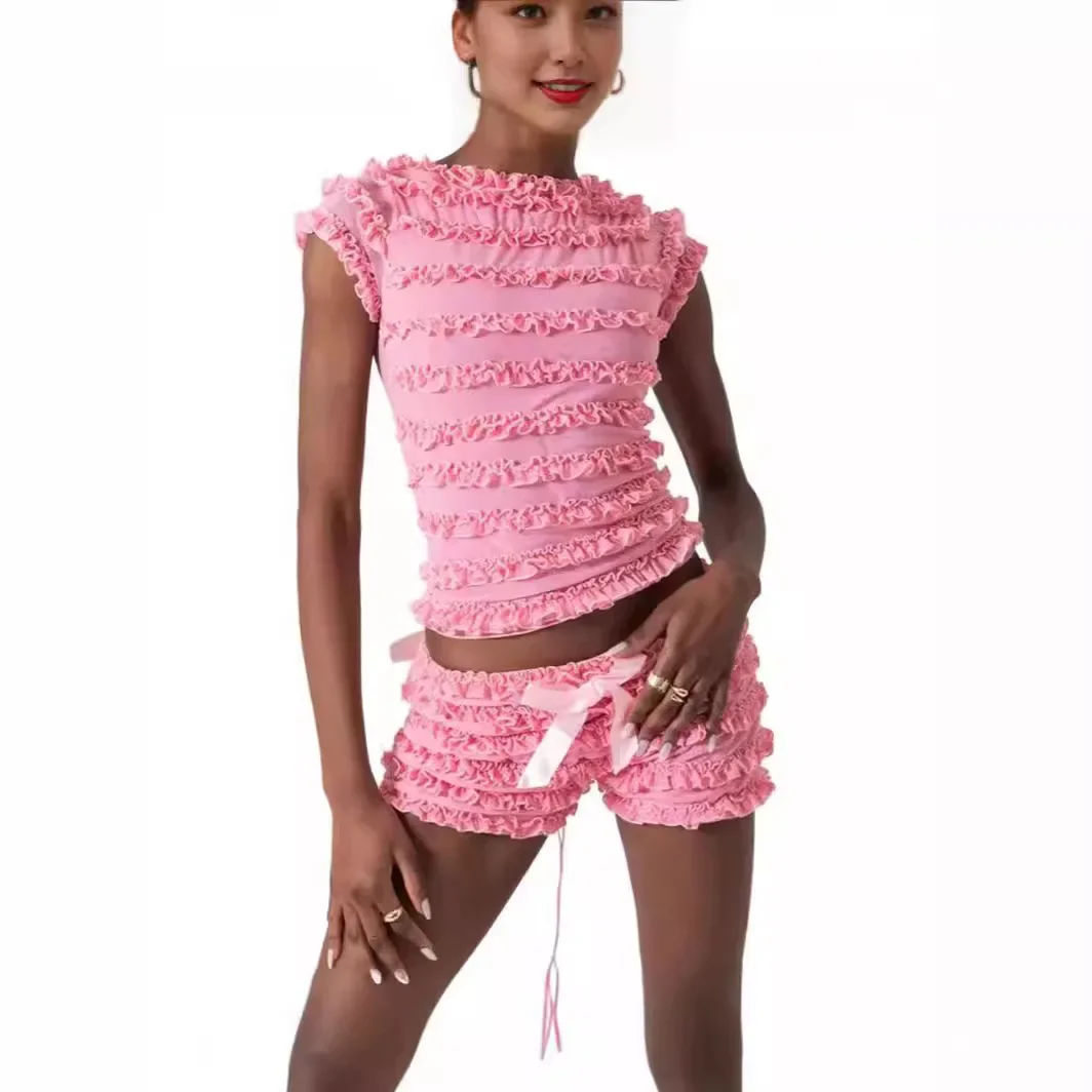 Summer Women's 2pcs Set Hollow Out Strappy Camisole Tank Top Ladies Sweet Spice Girl Wooden Ear Side Lace Tops and Shorts Set