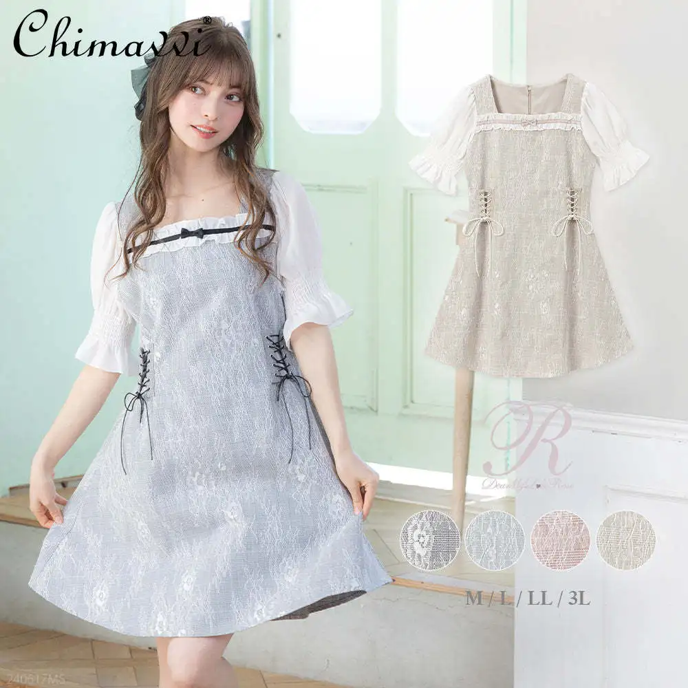 

Summer New Sweet Cute Short Sleeve Japanese Square Collar Lace Up Waist-Tight Dress Lolita Lace Stitching Girly Above Knee Dress