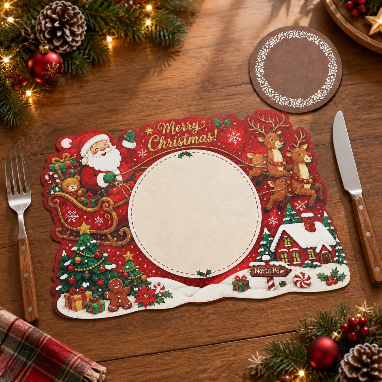 16/32pcs Santa Claus sleigh shaped paper placemats coasters, Christmas family dinner holiday party desktop decorations