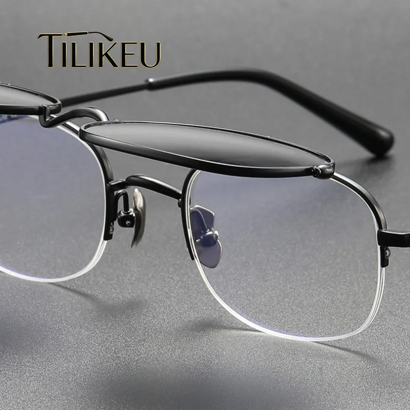 Double Layer Flip Up Titanium Polarized Sunglasses Men Luxury Half Frame Square Shades Male Women UV400 Japanese Brand Eyewear