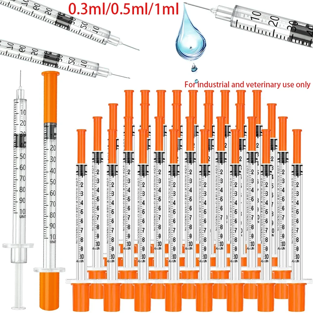 30 jeringas veterinarias de plástico desechables de 0,5 ml/1 ml con agujas, adecuadas para mascotas y animales de granja, jeringa manual de tipo push