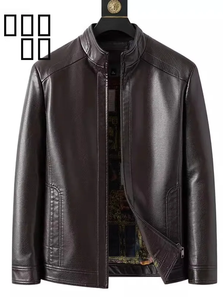 

Haining Men's Leather Jaet Thiened Faionable Mid-aged Autumn Winter Coat Stand Collar Busin Casual Sle Outerwear