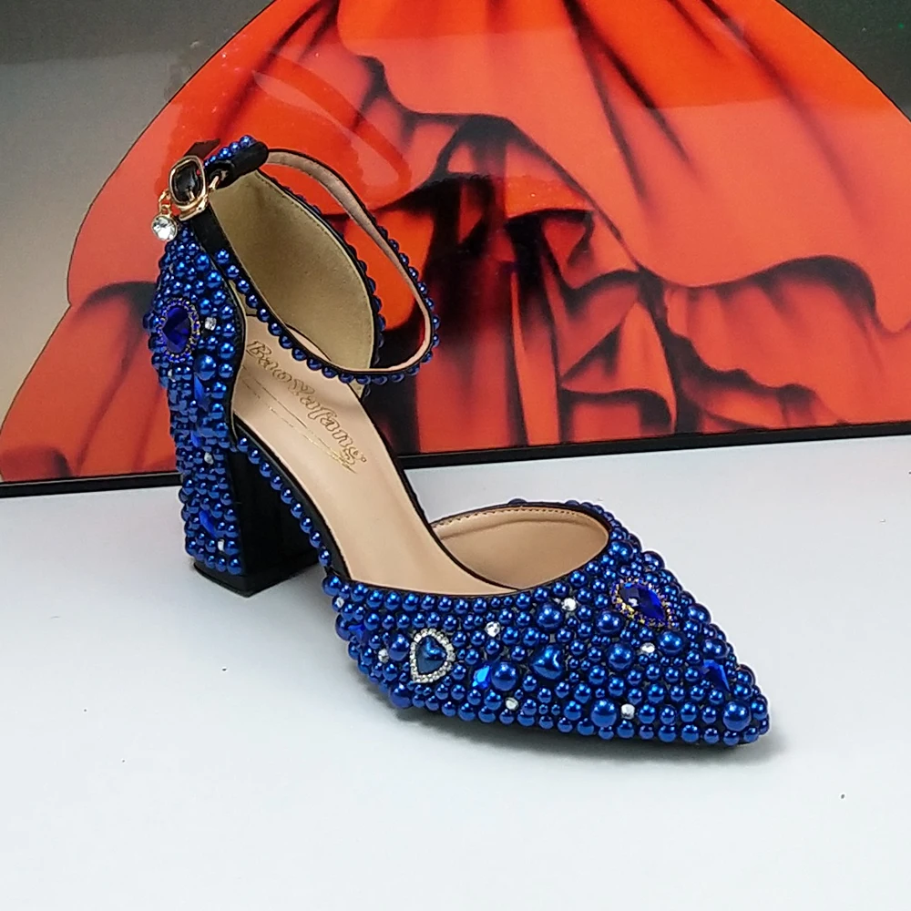 Royal Blue Bride Wedding shoes with bag Green Pearl Pointed Toe Square heel Party Dress Shoes Fashion Heels sandals Women