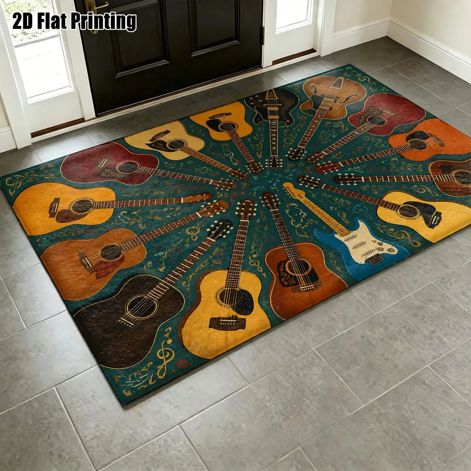 1Pc 2D Printed Retro Guitar Pattern Carpet: European, Bohemian, Geometric, Abstract Art Style, Machine Washable, Multi-Size, for Home Decoration, Living Room, Bedroom, Dining Room, Entrance, Study