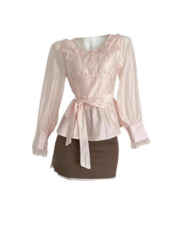 Sweet Sle Long Sve Silk irt Women Gentle Pink Tie Waist Color Blo Lace f Skirt Autumn Winter Two Piece Set
