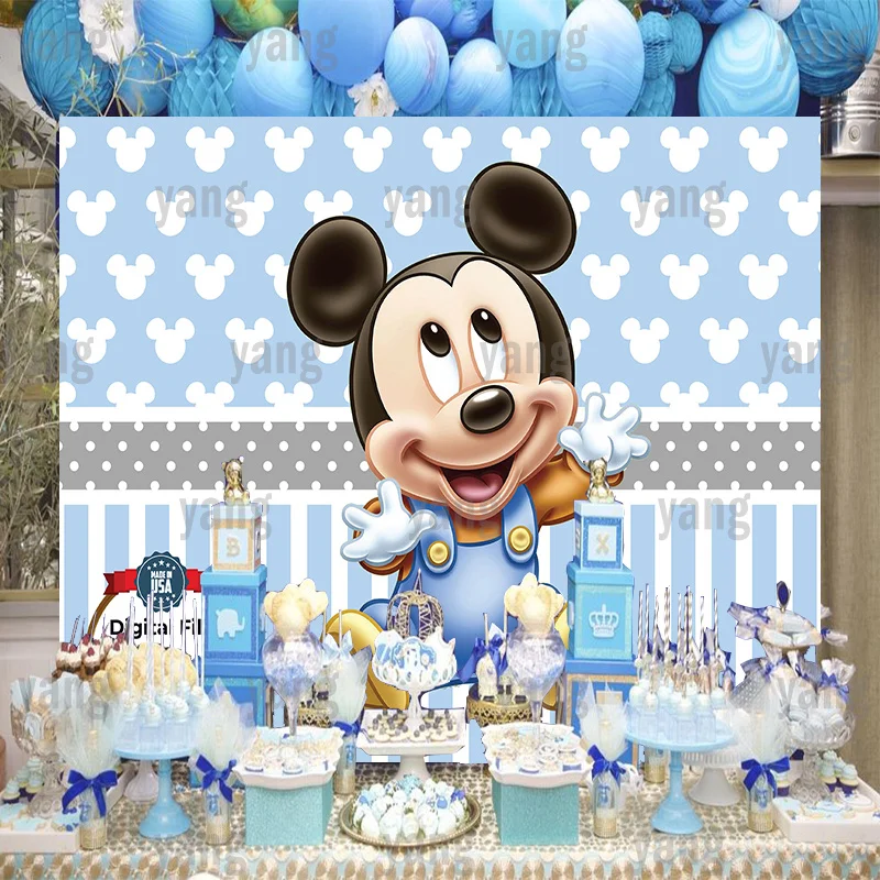 Custom Lovely Cartoon Disney Baby Mickey Mouse Cute Dots Blue Birthday Party Decoration Backdrop Photography Background