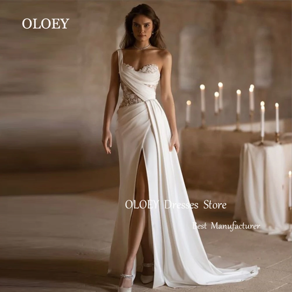 

OLOEY Modest Ivory Mermaid Wedding Dress One Shoulder Long Bridal Gown Pleats Satin Zip Back Appliques Custom Made