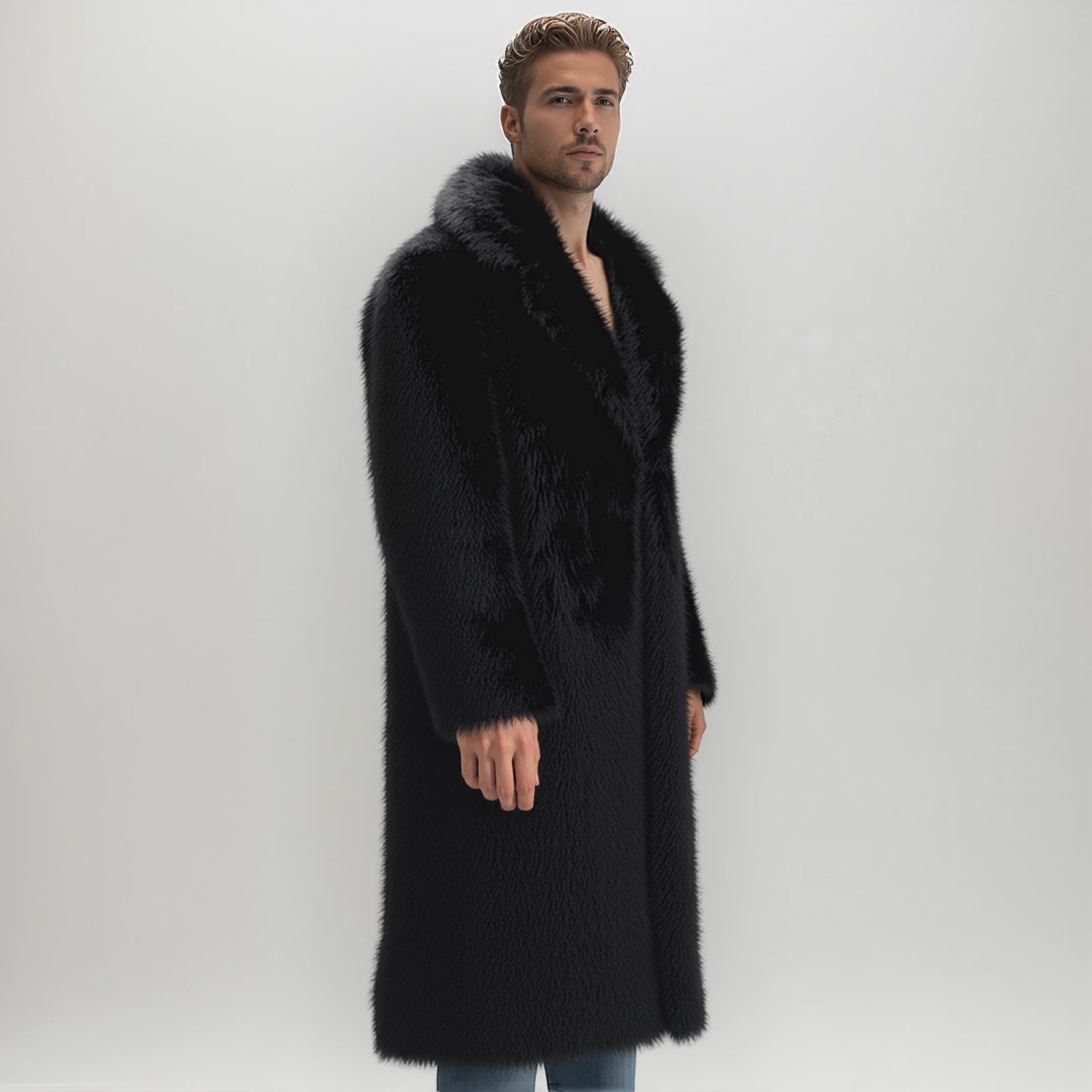 Lisa Colly Men's Fluffy Long Sleeve Faux Fur Coat Winter Long Jacket Warm Overcoat Parka Outwear