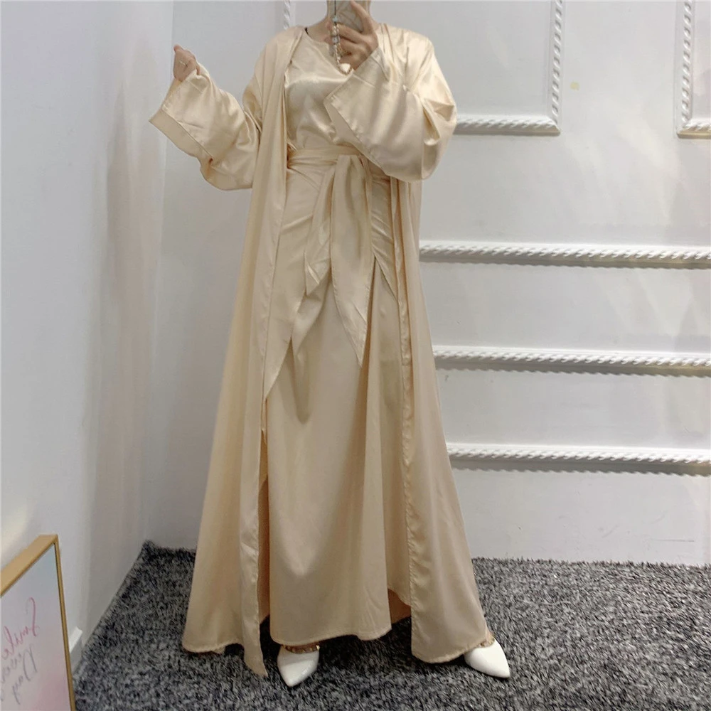 

Eid Dubai 3 Pieces Suit Muslim Satin Robes Open Front Kimono Abayas for Women Arabic Dress Islamic Outfit Wrap Long Skirt Kaftan