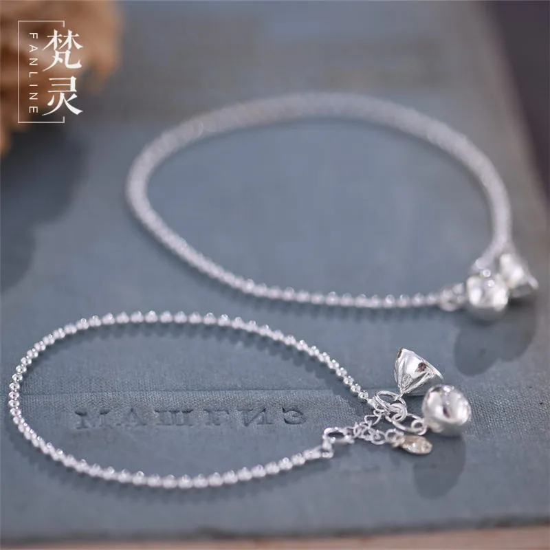 High Quality Original 925 Sterling Silver Lotus Bell Shape Art Retro Female Anklet Retro Simple Girls Female Summer Foot Jewelry