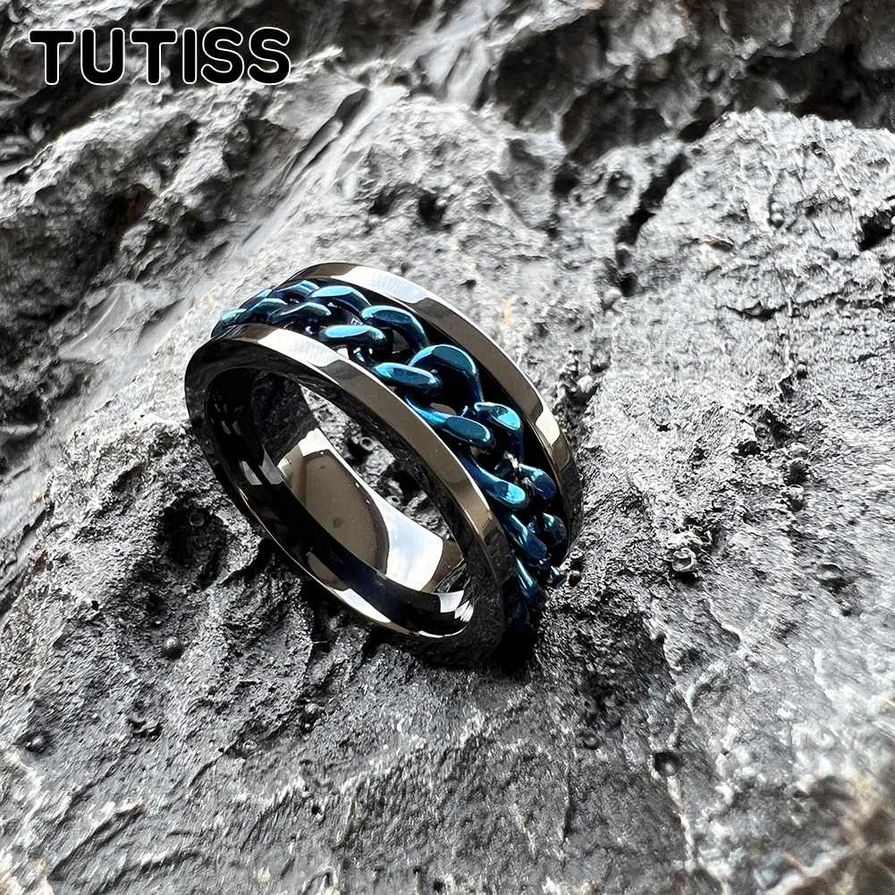 TUTISS New Arrivals 8mm Stainless Steel Wedding Band Men Women Spinner Chain Rotable Rings Punk Party Jewelry