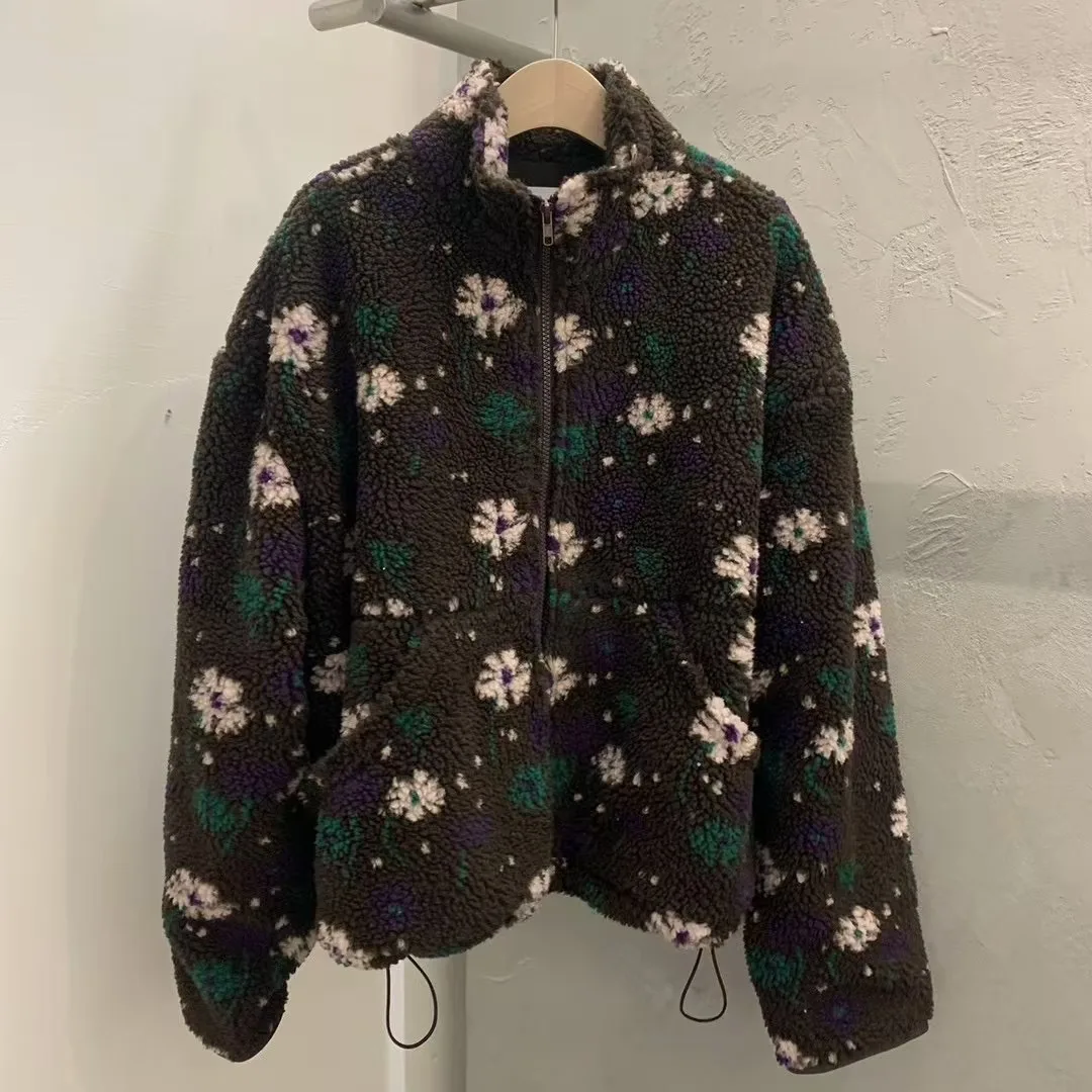 جاكيت شتوي أنيق للنساء من القطن، فضفاض وحلو بنقشة زهور، مع فرو خروف، سحاب، مبطن وسميك للدفء، ياقة عالية، أكمام طويلة، طول عادي