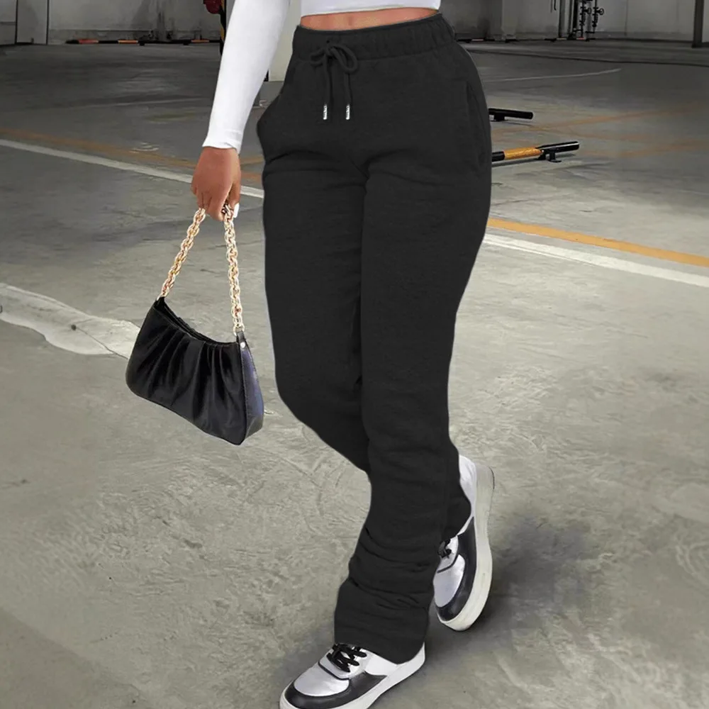 Pantalones de chándal deportivos de pierna recta con forro polar para mujer, pantalones casuales cómodos y holgados de Color puro para Otoño e Invierno