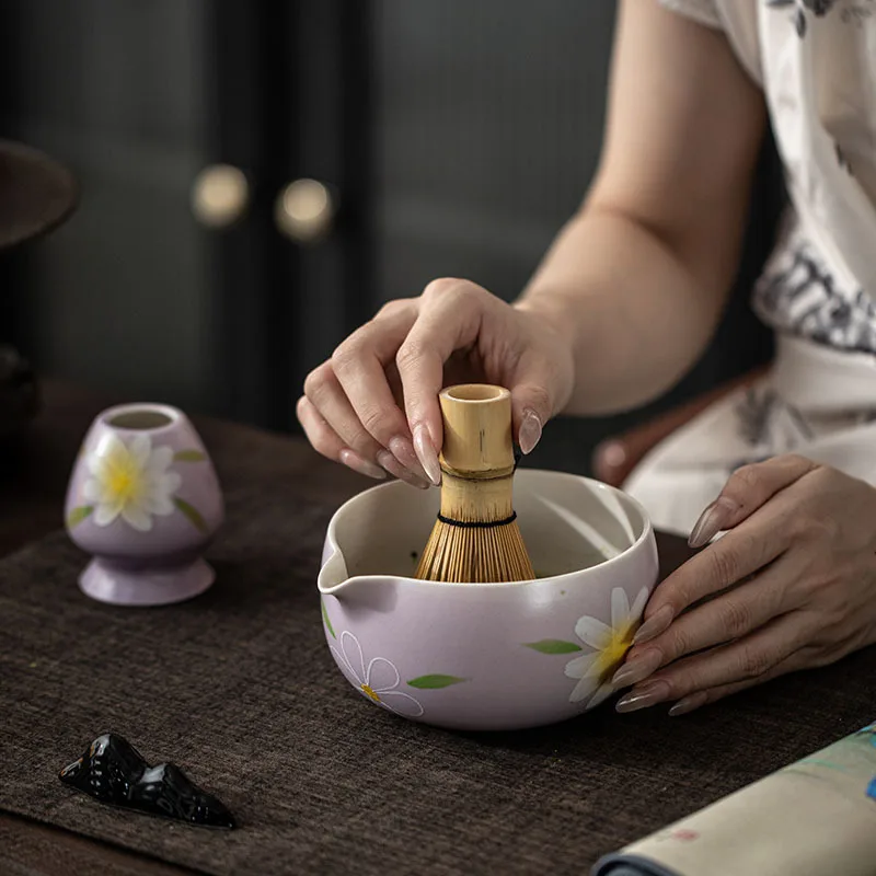 1PC/4PCS/7PCS Hand Drawn Daisy Flower Ceramic Matcha Bowl Macha Tea Whisk Chawan Chasen Holder Scoop Sifter Cup Tea Ceremony