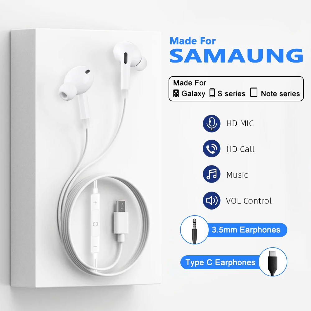 

Original Type C Wired Earphones For Samsung Galaxy S25 S24 Ultra Plus Headphone A56 A55 Note 20 10 3.5mm Jack Earbud Accessories