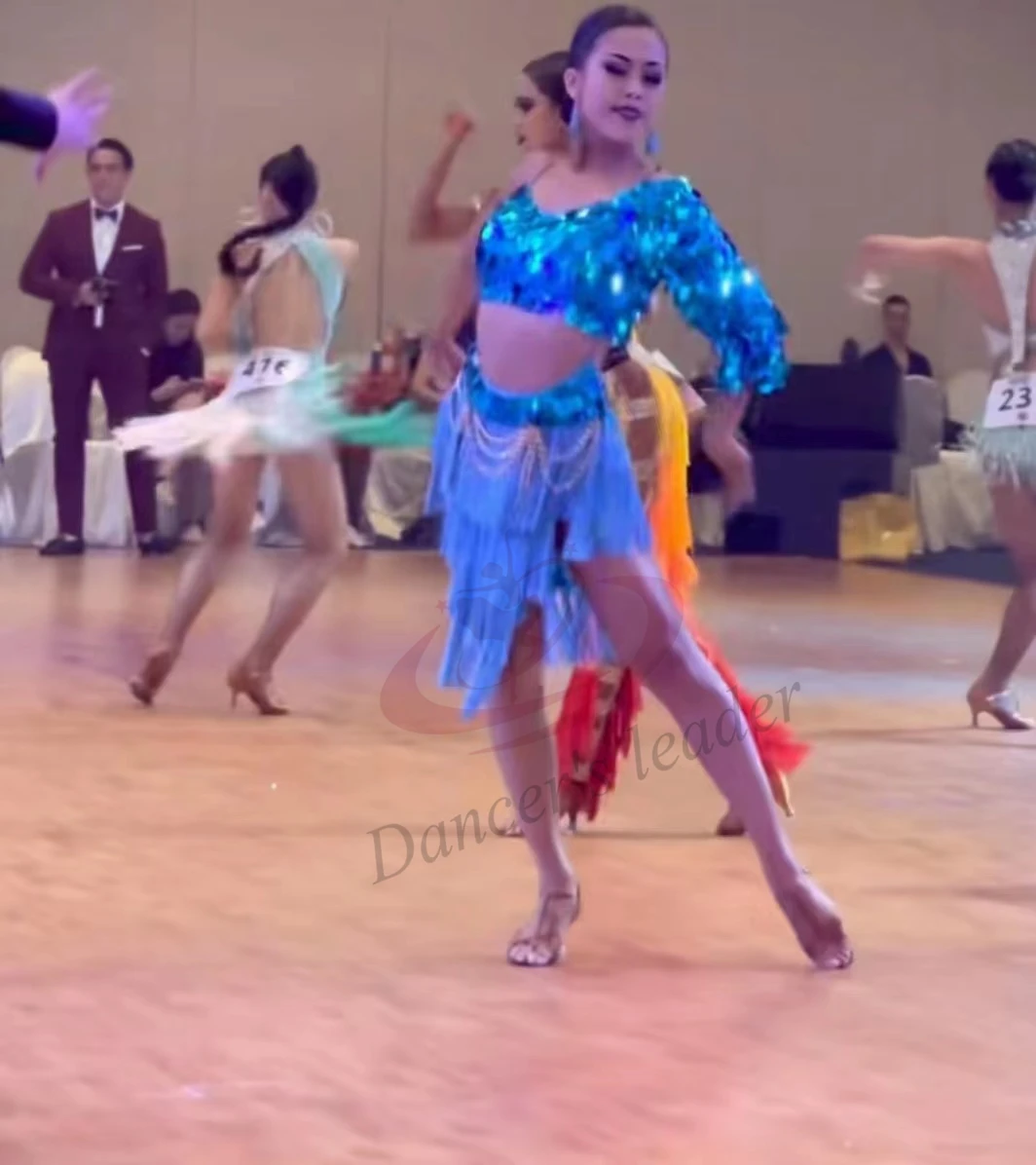 Robe de Costume de scène de danse latine, haut de gamme, personnalisé, compétition internationale, Costume de compétition de danseuse, Tasser rond brillant