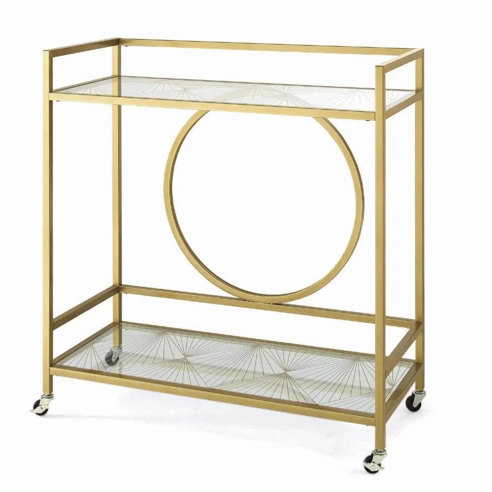 

Nola Mid-Century Metal & Glass Bar Cart – Gold Finish, Stylish Rolling Drink Cart for Kitchen, Living Room, or Home Entertaining