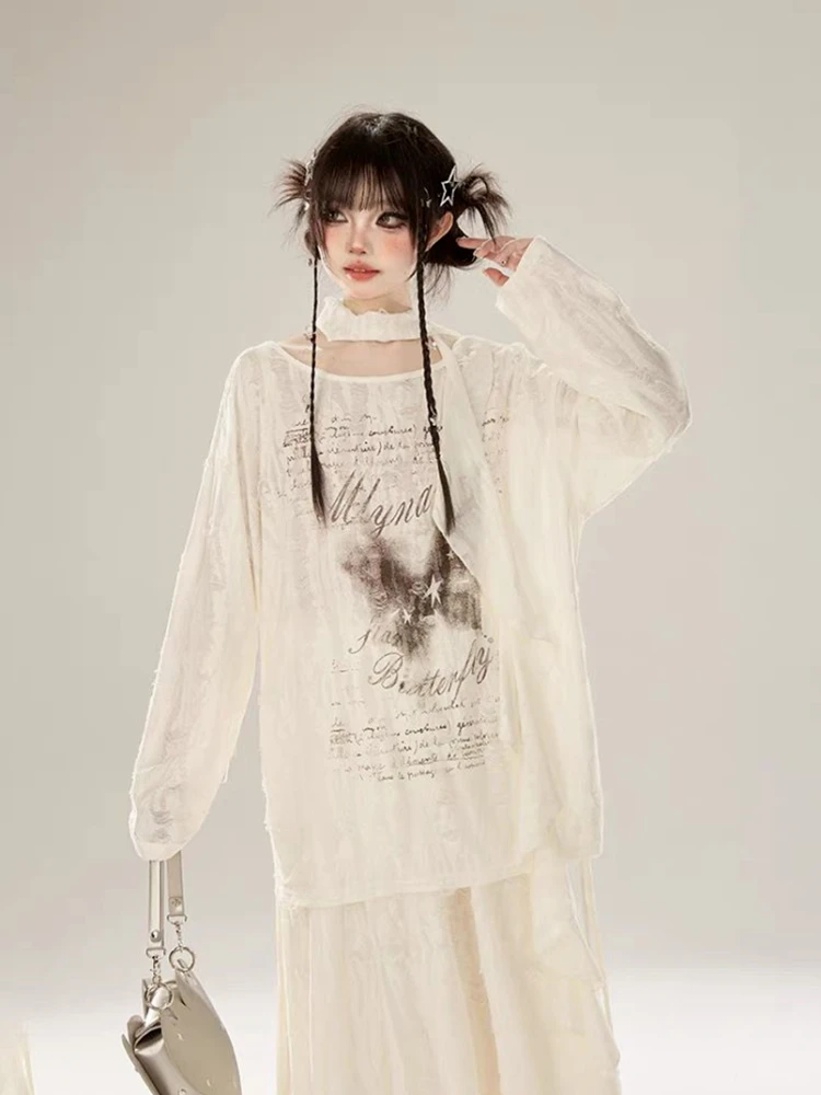 Korean Y2k Aesthetic Butterfly Print Tops Summer Streetwear Oversized Hole T-shirt Women Harajuku Drawstring Grunge Tee Shirts