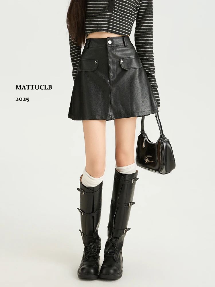 2025 Autumn Winter Women Korean Fashion Pu Faux Leather A-line Skirt High Waist College Style 2000s Shoujo Gyaru Y2k Preppy New