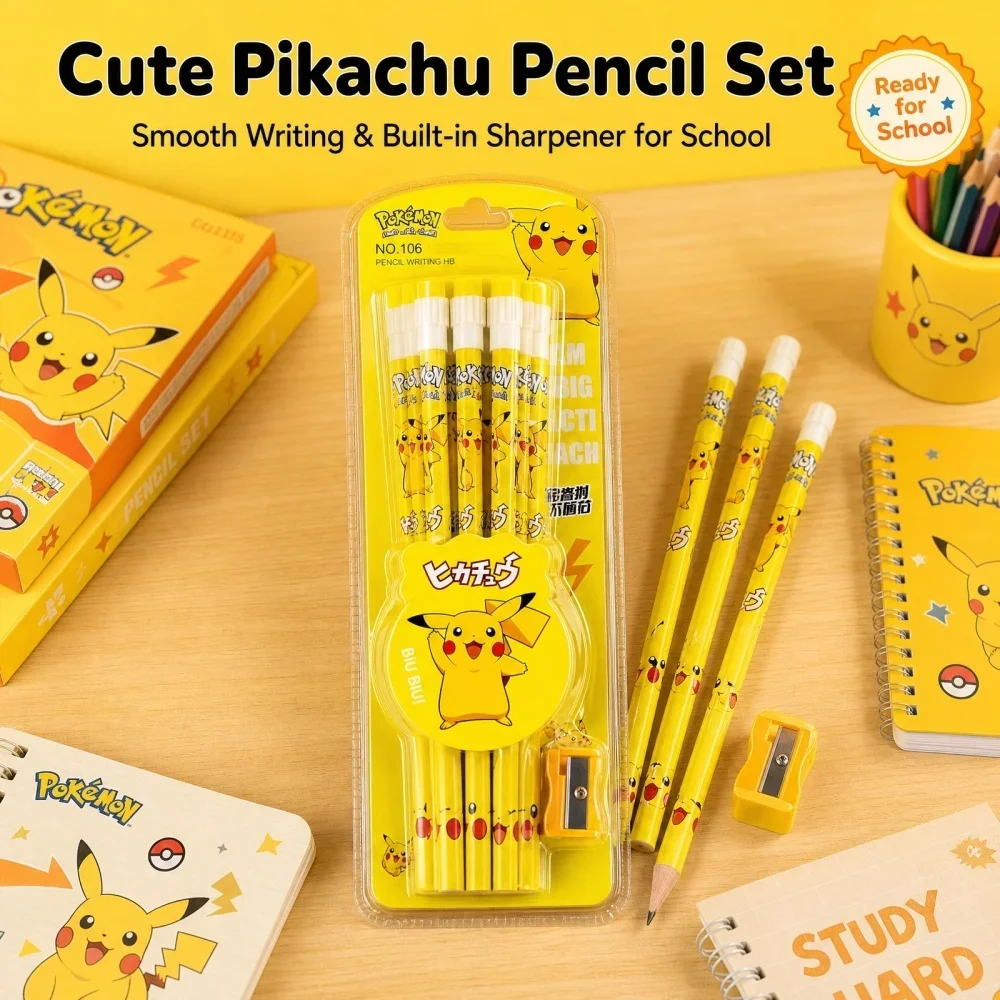 Pokemon Pencil with Eraser Pencil Sharpener Cute Pikachu Anime Figure School Supplies Office Stationery Kawaii Tools Gifts