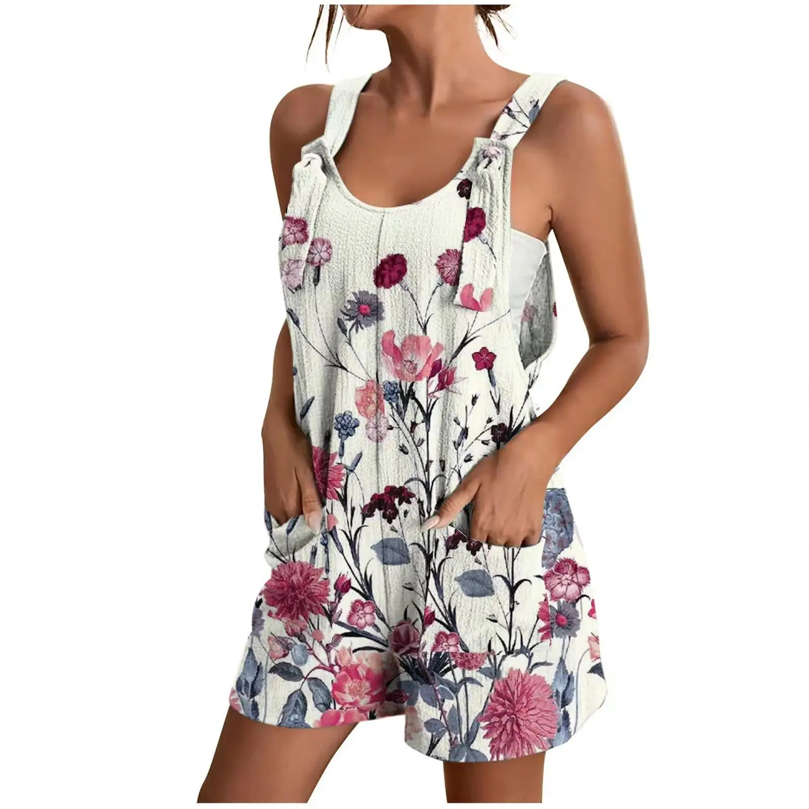 Floral Print Collar Strap ket Jumpsuit Women's ort Sve Rer Polyester Fiber mid Waist Design Summer Collection