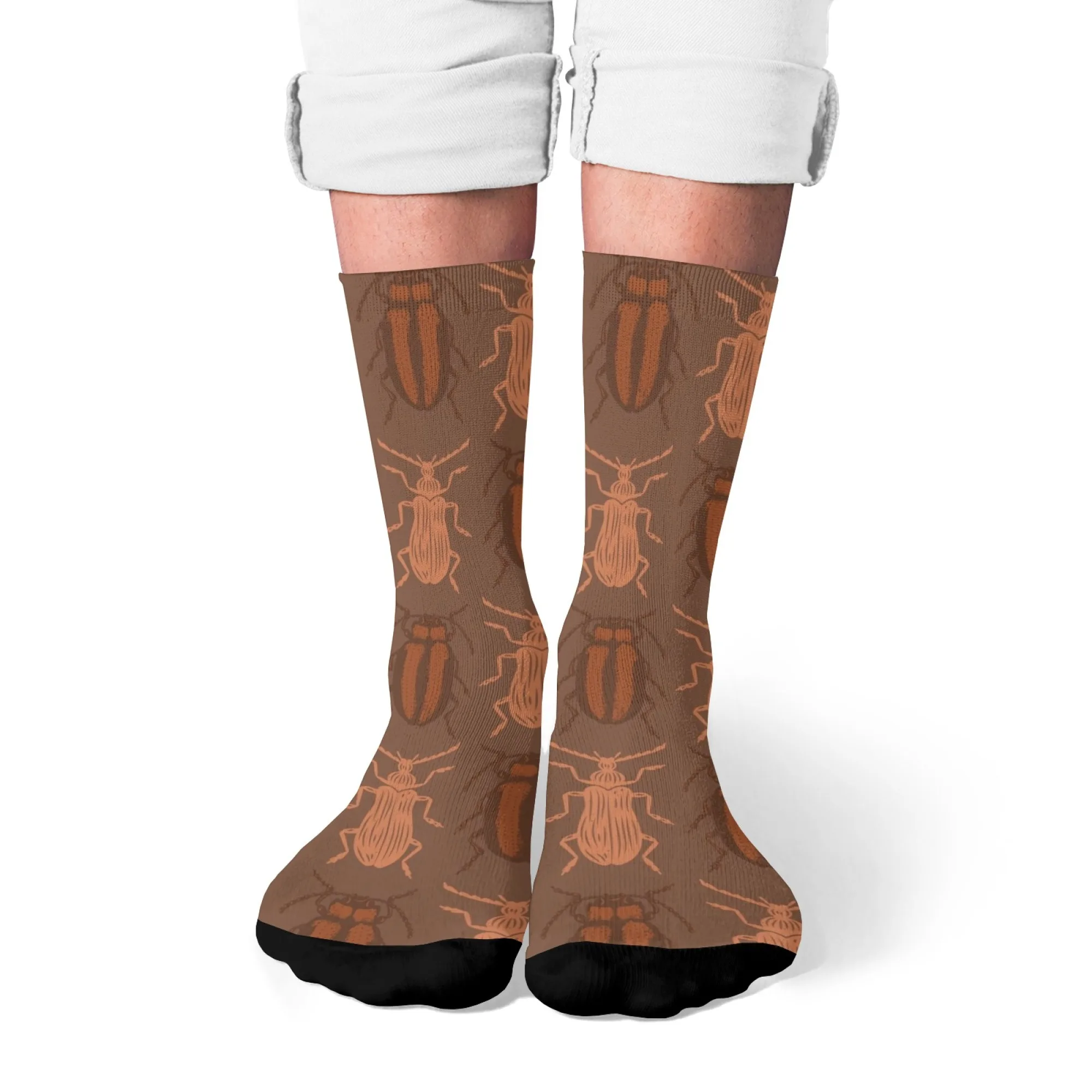 

Nature-Lover's Delight: Brown Socks Adorned with Intricate Beetle Prints. Perfect Outdoors, Wild Comfort Love for Nature.