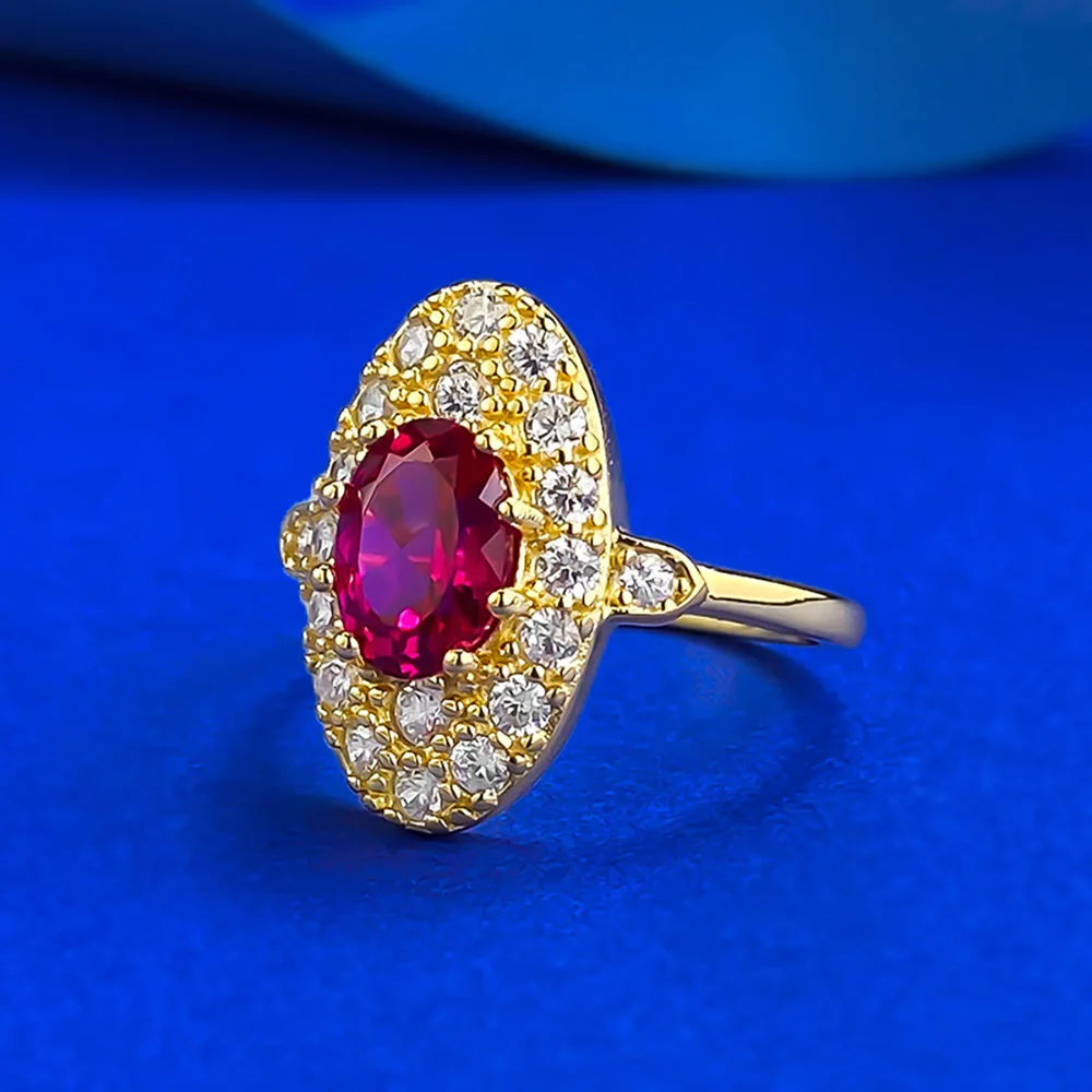 Vintage 18K Gold Plated 925 Sterling Silver 6*8mm Blood Ruby Rings for Women Gemstone Cocktail Party Fine Jewelry Birtyday Gift