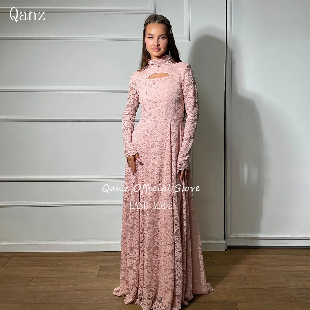 

Qanz Elegant Women Evening Dress Long Sleeves Pink Lace Appliques Prom Dresses High Slit Long A Line Robes De Soirée Customized