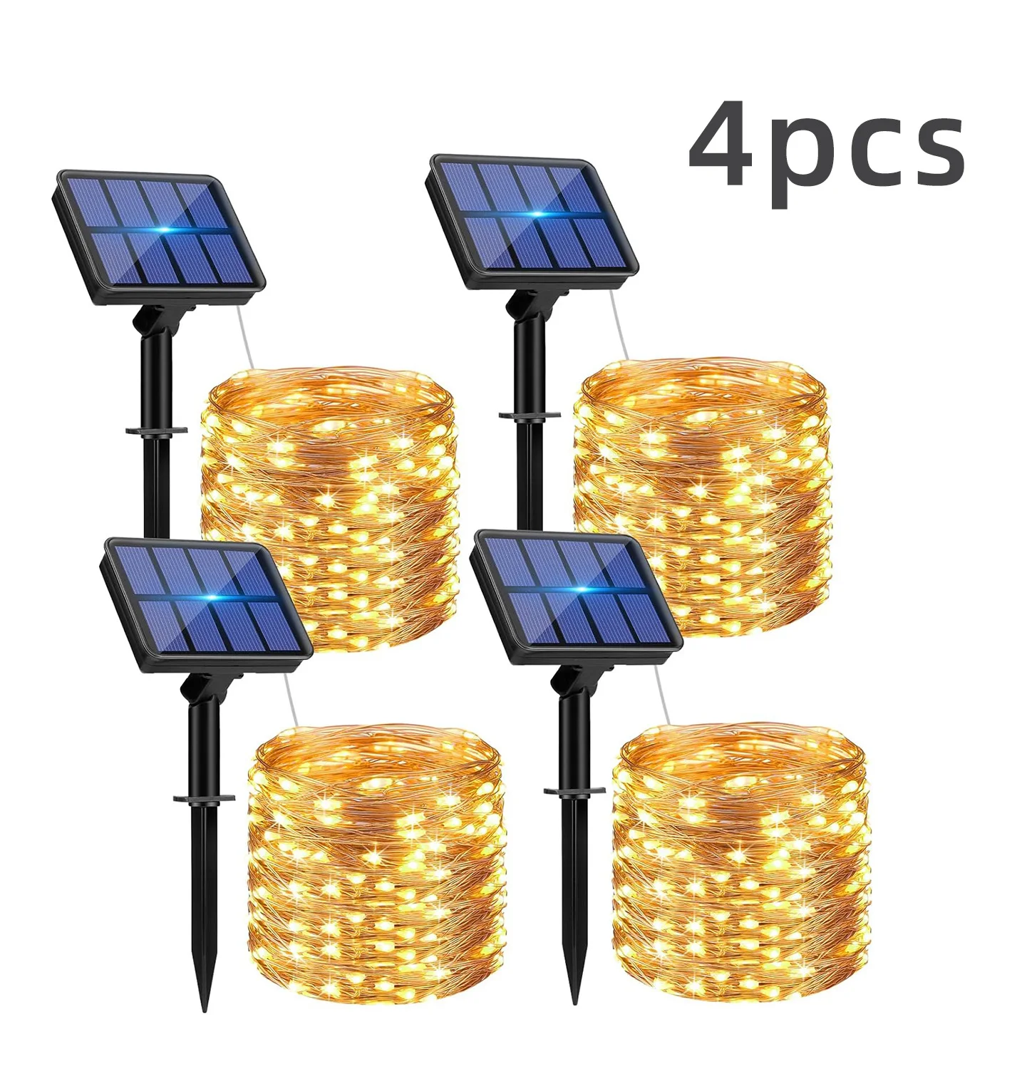 

IRILUCN 4PCS waterproof solar 300/200/100LED string lights Outdoor 8 mode copper wire lights Christmas birthday atmosphere decor