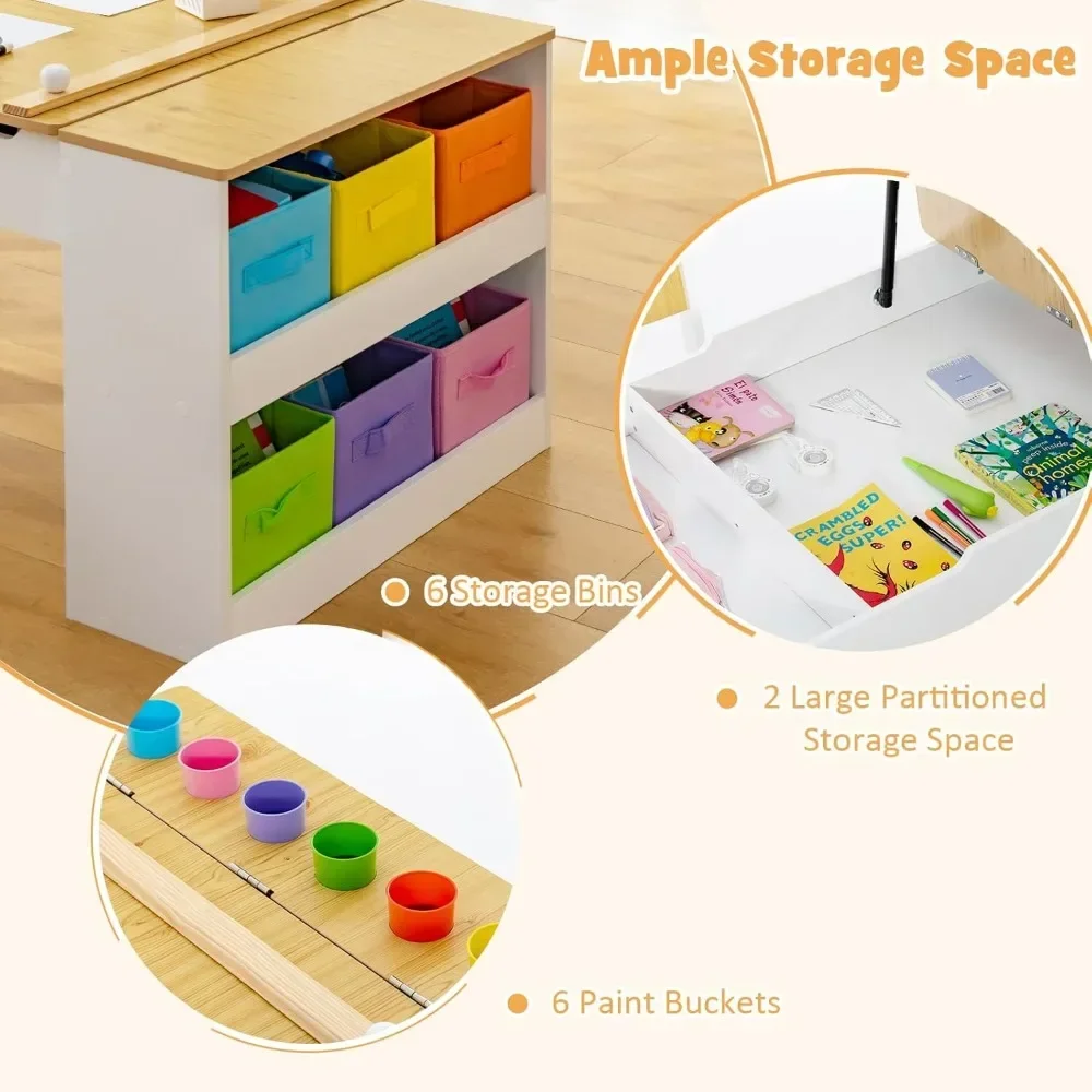 3 in 1 Kids Art Table and Chair Set, Toddler Craft Play Wood Activity Desk with 2 Chairs Storage Canvas Bins Paper Roll