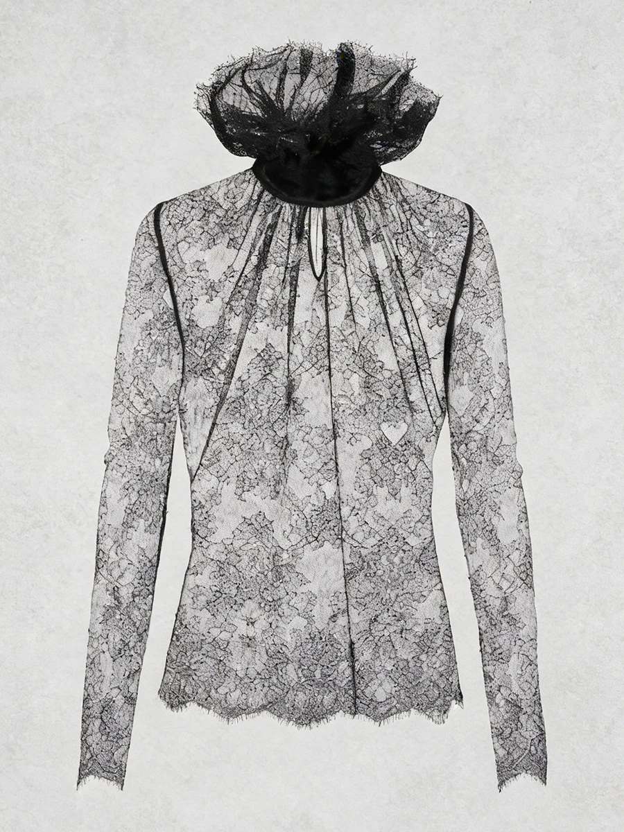 VGH Sexy Vintage solide dentelle minceur Blouses pour les femmes col montant à manches longues printemps tempérament chemises femme mode Style